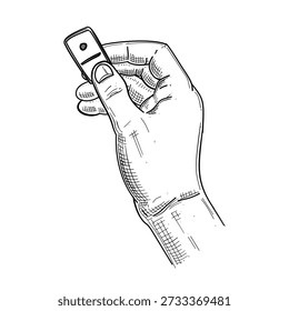 Hand holding domino tile vector line art hand drawn illustration