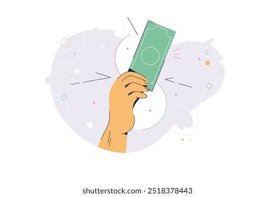 Mano sosteniendo dinero donado para caridad. Voluntarios de negocios recolectando donaciones caritativas. Concepto de Asistencia financiera de caridad. Ilustración vectorial plana de dibujos animados. Abstractas colorido