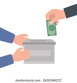 Mão segurando caixa de doação recolhendo dinheiro e mão colocando dinheiro de papel na caixa de doação. fornecendo assistência material para pessoas socialmente vulneráveis ilustração vetorial