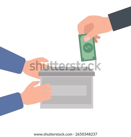 Hand holding donation box collecting money and hand putting paper money  in the donate box. providing material assistance to socially vulnerable people vector illustration