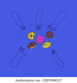 Hand holding donut. Bright cute donut with icing. Vector set for national donut day. 