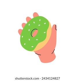 Hand holding donut with icing. Bakery sweet pastry food. Vector illustration.