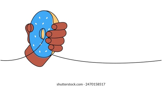 Hand holding a donut one line colored continuous drawing. Bakery sweet pastry food. Vector linear illustration.