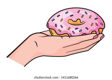 hand holding donut vector illustration