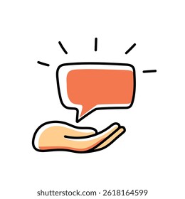 Hand holding doodle speech bubble with blank space, cartoon outline style, isolated on white background, simple communication concept illustration.