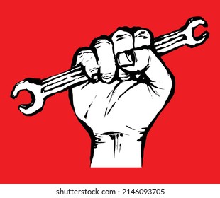 Hand holding a double open wrench, Hand Drawn Brush Illustration