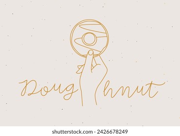 Mano sosteniendo el donut con dibujo de letras en estilo lineal sobre fondo beige