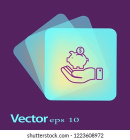 Hand holding a hand drawn vector piggy bank, vector icon.