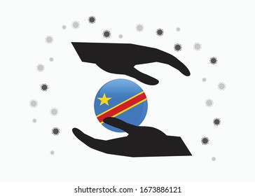 Mano portando la bandera de la República Democrática del Congo en el símbolo del ciclo, Proteger al pueblo kongolés del coronavirus o el concepto COVID-19, Salvar el Congo, símbolo de símbolo de señas, ilustración vectorial. 