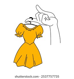 Mano sosteniendo el vestido en la percha. Ropa femenina elegante en la tienda. colección Nueva de la moda de las mujeres o de la ropa del niño. Tienda de ropa. Dibujo a mano de dibujos animados Ilustración vectorial plana aislada