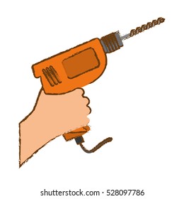 hand holding a drill icon over white background. repair tools concept. draw and sketch design. vector illustration