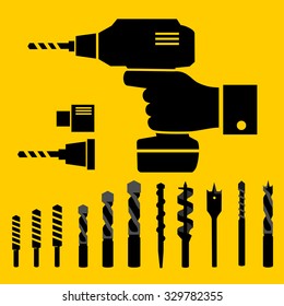 Hand holding drill machine and auger icons