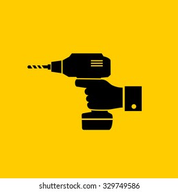 Hand holding drill machine, handy tools vector icon 