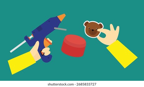 Mano sosteniendo un taladro y un oso de peluche. Ilustración vectorial.
