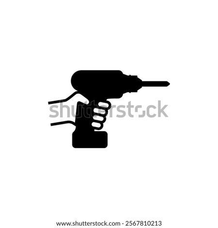 Hand holding a drill. Vector icon. Isolated illustration on white background.