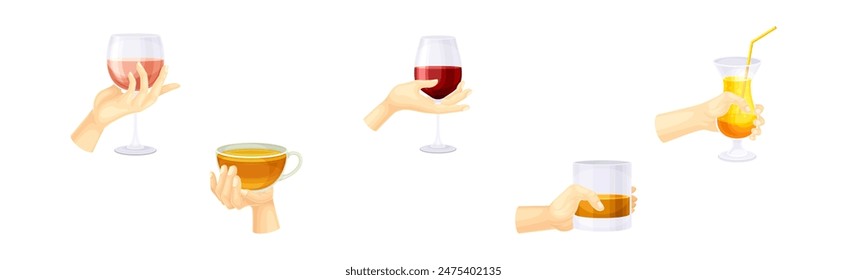 Hand Holding Drink and Different Beverage Vector Set