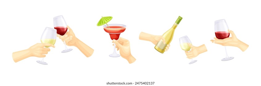 Hand Holding Drink and Different Beverage Vector Set