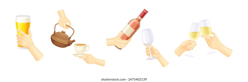 Hand Holding Drink and Different Beverage Vector Set