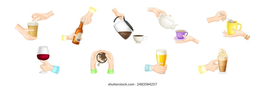 Hand Holding Drink and Different Beverage Vector Set