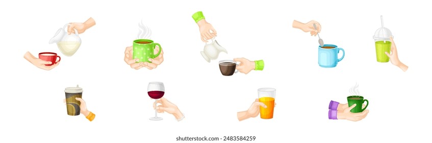 Hand Holding Drink and Different Beverage Vector Set