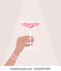 Hand holding drink glass with hearts inside on beige background. Vector illustration in flat style