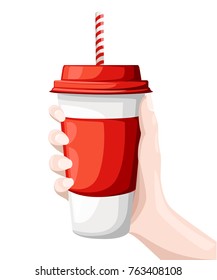 Hand holding drink in a red and white paper cup with straw. Illustration isolated on white background. Website page and mobile app design