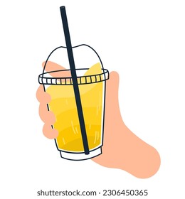 Hand holding drink. Summer drink,lemonade,soda in glass or plastic cups with straw.