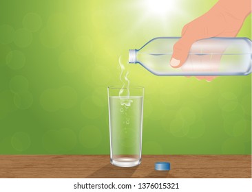 Hand holding drinking water bottle pouring into glass on wooden tabletop on blurred green nature bokeh background, vector illustration
