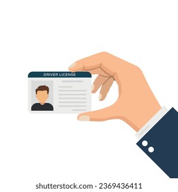 Hand holding driver license icon in flat style. Id card vector illustration on isolated background. Person document sign business concept.