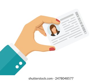 Hand holding driver license icon in flat style. Identification document vector illustration on isolated background. Profile card sign business concept.