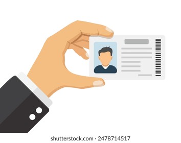 Hand holding driver license icon in flat style. Identification document vector illustration on isolated background. Profile card sign business concept.