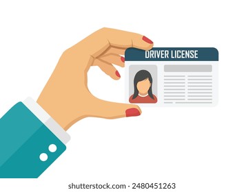 Hand holding driver license icon in flat style. Id card vector illustration on isolated background. Person document sign business concept.