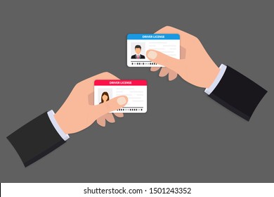 Hand holding Driver license. ID card. Identification card icon. Man and woman driver license card template. Icon driver's license. Man showing a driver license, identity verification, person data. 