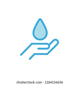 Hand holding drop of water, linear vector icon