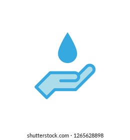 Hand holding drop of water, linear vector icon