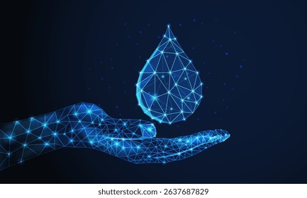 Hand holding a drop of water in low-poly style with wireframe light connections. 3D vector illustration. Science, biotechnology, chemistry, and medical concepts. Water drop isolated on a dark blue 