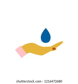 a hand holding a drop of water; vector icon,  graphic symbol isolated on white.