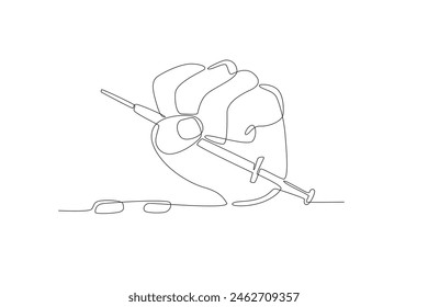 Hand holding a drug syringe.Anti drug day one-line drawing