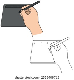 Hand holding drwaing tablet vector illustration. 