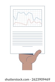 Mano que sostiene la Ilustración vectorial de informe de gráfico de doble línea. Tendencias comparativas. Papeleo Corporativa. Análisis de fluctuaciones comerciales Imagen de dibujos animados 2D aislada en blanco. Clipart plano editable colorido