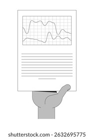 Mano que sostiene la ilustración de esquema de informe de gráfico de doble línea. Tendencias comparativas. Papeleo Corporativa. Análisis de fluctuaciones comerciales aislado Imagen de Vector 2D en blanco y negro. Dibujo lineal arte de Clip