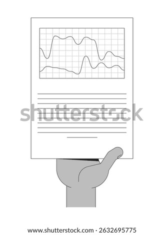 Hand holding dual-line graph report outline illustration. Comparative trends. Corporate paperwork. Business fluctuations analytics isolated 2D vector image black and white. Linear drawing clip art