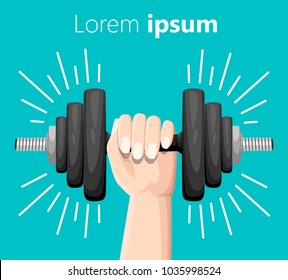 Hand holding a dumbbell. Bent dumbbells isolated on turquoise. Sport equipment, weight lifting, exercise, strength and gym concept. Flat style. Vector illustration