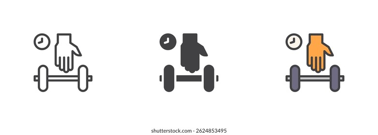 Hand holding a dumbbell with a clock different style icon set. Line, glyph and filled outline colorful version, outline and filled vector sign. Interval Training symbol, logo illustration
