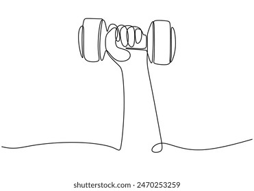 Hand holding dumbbell continuous line drawing. Fitness and gym concept. Vector illustration minimalist design hand drawn.