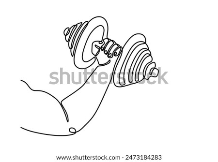 Hand holding dumbbell continuous line drawing. Fitness and gym concept. Vector illustration minimalist design hand drawn.