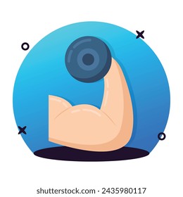 Hand holding dumbbell denoting concept icon of weightlifting in flat style