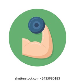 Hand holding dumbbell denoting concept icon of weightlifting in flat style