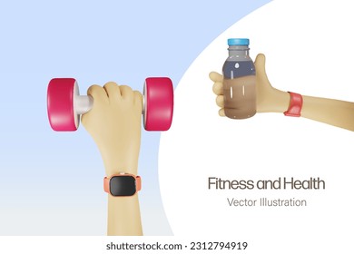 Mano sosteniendo el timbre y el agua potable después de hacer ejercicio. Gimnasio, gimnasio y estilo de vida saludable. vector 3D.