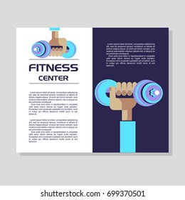 The hand holding the dumbbell. The emblem of the fitness center. Vector illustration with place for text. Flyer.